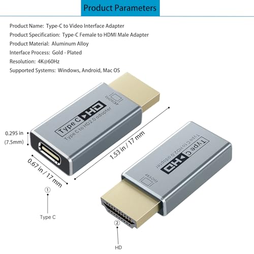 USB-C Female to HDMI Male Adapter 4K 60Hz, Uni-Directional Video Converter for Thunderbolt 3/4/5, Compatible with MacBook Pro/Air, iPhone 17, iPad Pro, Dell XPS, Galaxy S23-S28