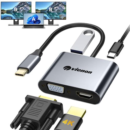 USB C to HDMI VGA Adapter for Dual Monitor, 4 in 1 USB C Hub with 4K HDMI, 1080P VGA, USB 3.0 5Gbps, 100W PD Compatible for MacBook Air/Pro, Dell XPS, Surface, iMac More - style: 4-in-1