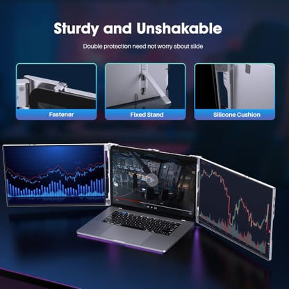 15" Portable Laptop Screen Extender Dual 1080P FHD Triple Monitor | Aluminum Alloy Casing, Tilt Adjustable Stand, Attachment, USB-C, HDMI for 13-16'' Laptops, Leather Case, No Driver - size: 15 inches