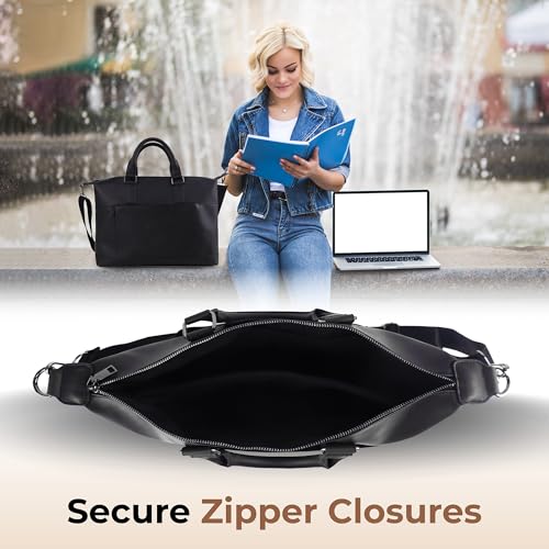 Laptop Bag Vegan Leather Messenger Shoulder Bag - 15.6" Laptop Briefcase with Luggage Strap - Cross Body (Black)