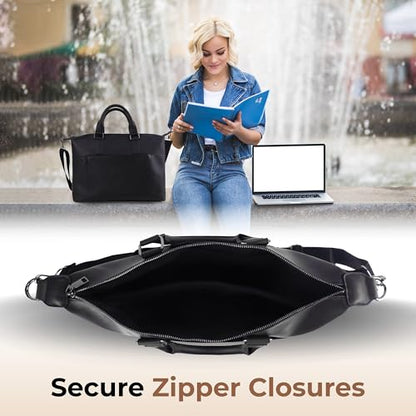 Laptop Bag Vegan Leather Messenger Shoulder Bag - 15.6" Laptop Briefcase with Luggage Strap - Cross Body (Black)
