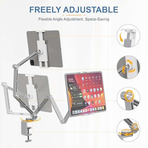 Houele Tablet Stand Holder for Desk iPad Stand Desk Mount, Silver | Adjustable Foldable Tablet iPad Arm Mount Phone Holder with 360°Rotate Base, Compatible with Tablets or Other 4-15.6" Device - color: Silver