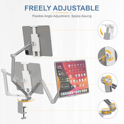 Houele Tablet Stand Holder for Desk iPad Stand Desk Mount, Silver | Adjustable Foldable Tablet iPad Arm Mount Phone Holder with 360°Rotate Base, Compatible with Tablets or Other 4-15.6" Device - color: Silver