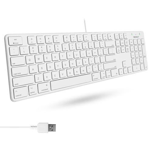 Macally Slim USB Wired Keyboard for Mac and Windows PC - Full Size 104 Key Layout & 16 Shortcut Keys - Scissor Keycaps for Smooth Typing - Mac Wired Keyboard with Numeric Keypad - color: White