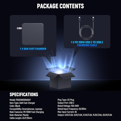 NEEWER PD 100W USB C Charger with 100W USB C Fast Charging Cable, GaN Fast Wall Charger AC Power Adapter for NEEWER HB80C HS60B HS60C Video Lights V Mount Batteries NP-F Chargers, PD200W0500G4T