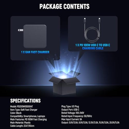 NEEWER PD 100W USB C Charger with 100W USB C Fast Charging Cable, GaN Fast Wall Charger AC Power Adapter for NEEWER HB80C HS60B HS60C Video Lights V Mount Batteries NP-F Chargers, PD200W0500G4T