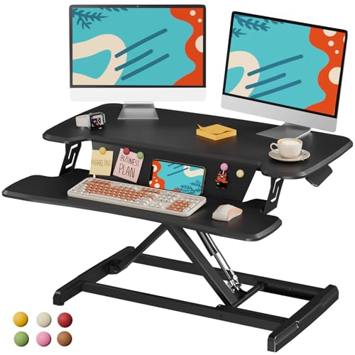 JOY worker Standing Desk Converter, 32" Height Adjustable Sit Stand Up Desk Riser with Keyboard Tray & 6 Fridge Magnets, Desktop Workstation Riser for Home Office Computer Laptop, Black - color: Black, size: 32 inches