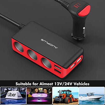 AUOPLUS 120W 3 Socket Cigarette Lighter Splitter Car Charger Adapter, LED Voltage Display Dual 4 USB Chargers(6.8A), Car Charger On/Off Switches 12V for iPhone iPad Samsung GPS Dashcam | LED Voltage Display Dual 4 USB Chargers(6.8A), Car Charger On/Off Sw