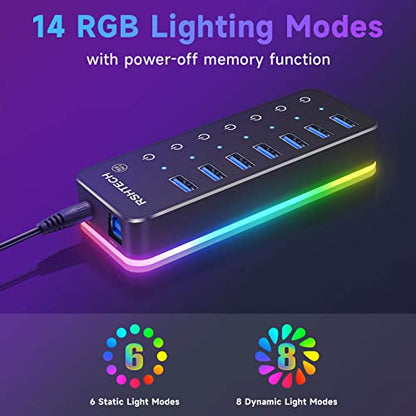 RSHTECH RGB USB Hub, USB C/USB 3.0 to 7-Port Powered USB Hub, RSH-518R | Gaming USB Hub Splitter with 14-Mode RGB LED Strip, 3.3ft USB-C/A Cable, 5V/4A Power Adapter and Individual Touch Switches