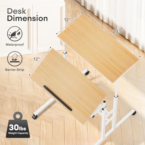 Athena Collection Rolling Standing Desk Small Mobile Table, Natural | 4 Lockable Wheels, Engineered Wood Split Top, Adjustable Height for Home Office Computer Workstation - color: Natural