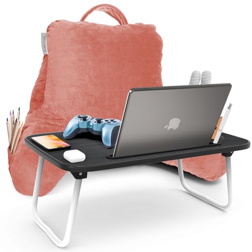 Clara Clark Reading Pillow with Portable Lap Desk Set for Kids, Back Pillow for Sitting Up in Bed, Memory Foam Back Support Pillow, Bed Rest Pillow with Foldable Laptop Desk, Small - Misty Rose - color: Misty Rose, size: Petite/Small