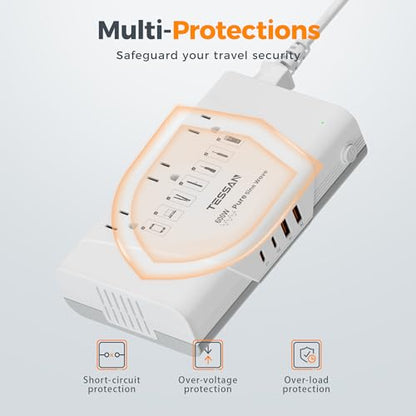 TESSAN 600W Pure Sine Wave 220V to 110V Voltage Converter US to Europe | Universal Travel Adapter, 4 USB Ports, PD 35W QC 30W, EU/UK/AU/IT/India Plug Power Converters, Step Down Transformer
