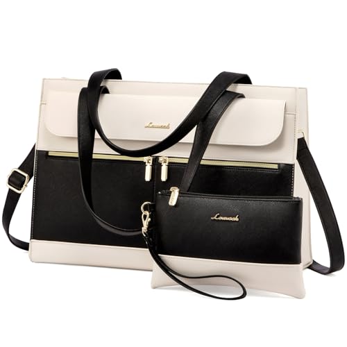 LOVEVOOK Laptop Tote for Women - 15.6 Inch Professional Leather Computer Briefcase - Waterproof Shoulder Bag - Large Capacity Business & Office Bag - color: Black/Beige-1, size: 15.6 Inch