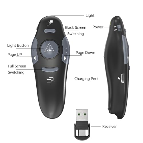 Presentation Clicker with Case Storage: PowerPoint Wireless Presenter Remote USB Type C Rechargeable Red Laser Pointer Clickers for Computer Project Mac PPT Slideshow Google Slide Advancer - style: Red Laser