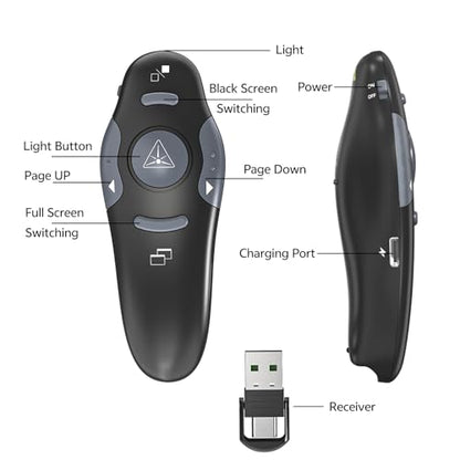 Presentation Clicker with Case Storage: PowerPoint Wireless Presenter Remote USB Type C Rechargeable Red Laser Pointer Clickers for Computer Project Mac PPT Slideshow Google Slide Advancer - style: Red Laser