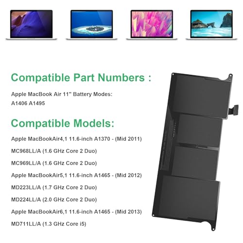 Futurebatt A1406 A1465 Replacement for MacBook Air 11 inch A1495 (Mid 2011 2012 2013 Early 2014 2015) MJVM2LL/A MD711 MD223 MC968 020-7376-A 020-7377-A(Not for A1370 A1375) - size: A1406 13.19, 8.27, 0.59in