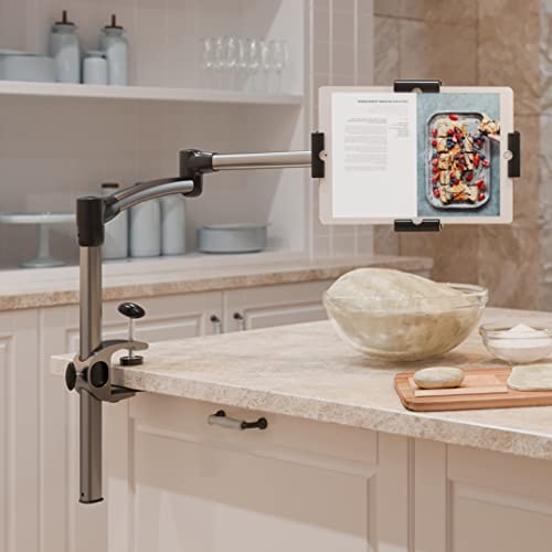 LEVO G2 Clamp-On Tablet Stand, Articulating iPad & Kindle Mount for Desk | 5-axis arm frees workspace, bedside or kitchen counter positioning, hands-free reading, recipes, video calls, work or play