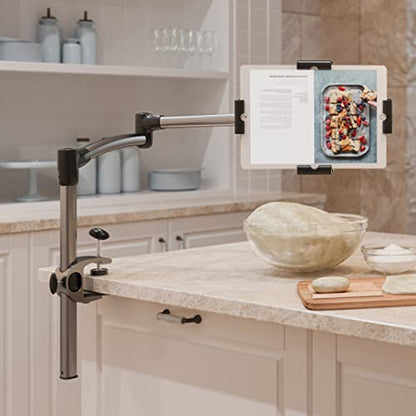 LEVO G2 Clamp-On Tablet Stand, Articulating iPad & Kindle Mount for Desk | 5-axis arm frees workspace, bedside or kitchen counter positioning, hands-free reading, recipes, video calls, work or play