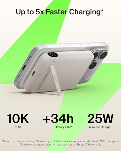 Belkin 10000mAh Qi2.2 25W MagSafe Power Bank with Kickstand and Display | Wireless Charging Battery Pack, iPhone 17, Air, Pro, Pro Max, Google Pixel 10, Digital Battery Display, Magnetic - color: Sand
