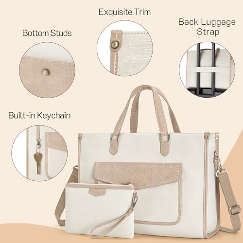 Missnine Tote Bag Canvas Laptop Bag for Women 15.6 inch Casual Work Bags with Clutch Purse Computer 2 PCS Set (Croc-embossed Light Khaki) - color: Croc-embossed Kahki