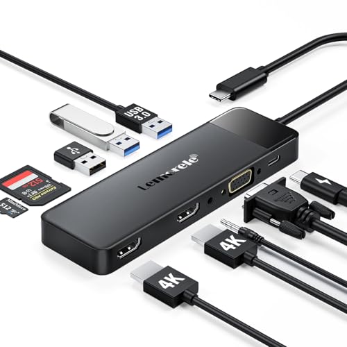 Lemorele USB C Docking Station for Laptop, 10 in 1 Triple Display Monitors Adapter w/4K Dual HDMI, 1080P VGA, 3 USB3.0/2.0, TF/SD 2.0, 3.5mm Audio, 100W PD, for MacBook, HP, Dell, Lenovo, Surface - color: Black-10 in 1