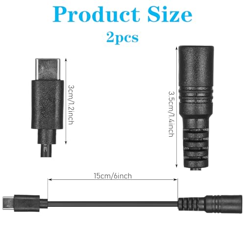 2Pcs 6 Inch DC Female to USB C Power Cord USB C to DC Adapter, DC5521 Female Male Plug, 5V 3A Power Charging Cable Extension Cord