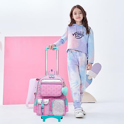 Meetbelify Backpack with Wheels for Girls Rolling Backpack Cute Carry on Backpack for Elementary Student - color: Pink