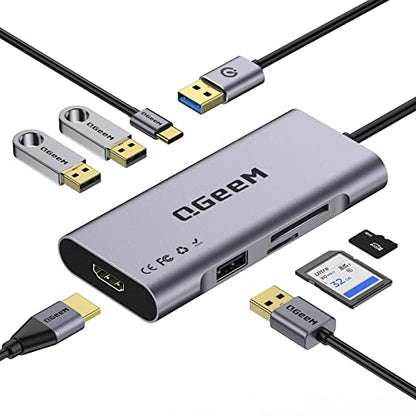 QGeeM 7 in 1 USB 3.0 Data Hub Adapter in Aluminum Dongle with USB to HDMI Adapter 1080p Output,3 USB Ports,USB-C Data Port,SD/Micro Card Reader, Compatible with Windows, Mac, Android