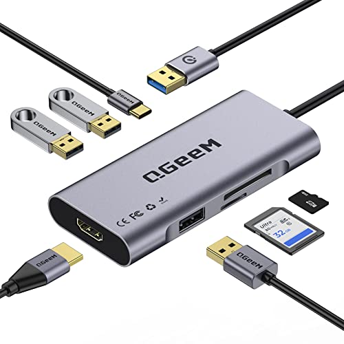QGeeM 7 in 1 USB 3.0 Data Hub Adapter in Aluminum Dongle with USB to HDMI Adapter 1080p Output,3 USB Ports,USB-C Data Port,SD/Micro Card Reader, Compatible with Windows, Mac, Android