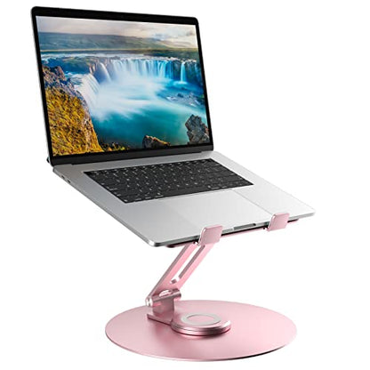 Swivel Laptop Stand for Desk, Adjustable Height Aluminum Computer Stand with 360 Rotating Base, Foldable Ergonomic Riser, Portable Laptop Holder Compatible with MacBook, All Laptops 10-17'', Pink - color: Pink