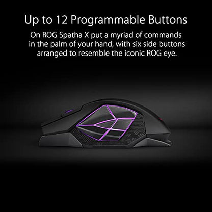 ASUS ROG Spatha X Wireless Gaming Mouse – MMO/MOBA Design, 12 Programmable Buttons, Right-Handed, 168g, Dual-Mode (Wired/2.4GHz), 19K DPI, up to 67Hr Battery, Magnetic Charging Dock, PC/Mac Support - style: Spatha X
