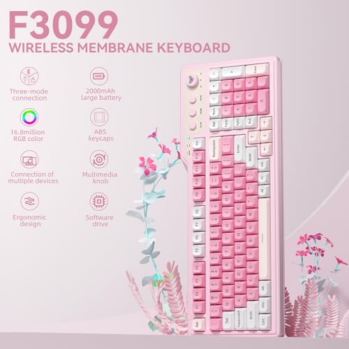 Aula F3099 Wireless Keyboard with Media Knob, Tri-Mode BT5.0/2.4GHz/USB-C Cute Creamy Keyboard with Number Pad, RGB Backlit Gaming Keyboard, Quiet Typing Pink Computer Keyboards for Office Laptop/PC - color: White & Pink