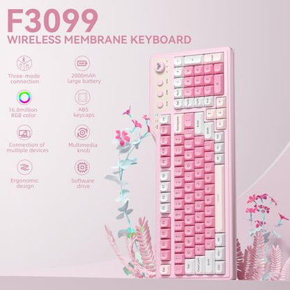 Aula F3099 Wireless Keyboard with Media Knob, Tri-Mode BT5.0/2.4GHz/USB-C Cute Creamy Keyboard with Number Pad, RGB Backlit Gaming Keyboard, Quiet Typing Pink Computer Keyboards for Office Laptop/PC - color: White & Pink