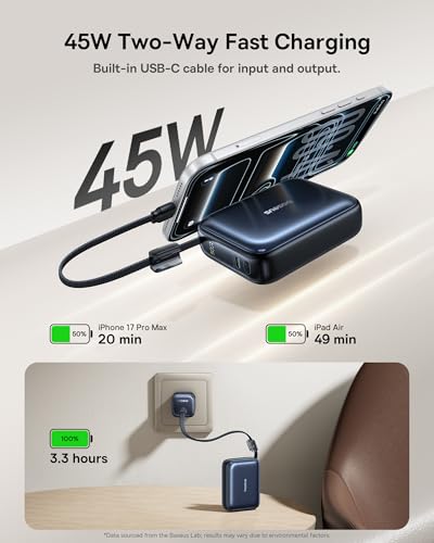 Baseus PicoGo AC22 Mini Power Bank, 20000mAh 45W PD Portable Charger Built-in USB-C Cable, Travel Essential Compact Battery Pack, Fast Charging Battery Bank for iPhone 17/16/15 Samsung S25 Pixel iPad - size: 20000mAh