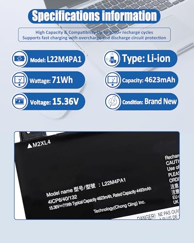 L22M4PA1 L22C4PA1 L22D4PA1 71Wh Battery Replacement for Lenovo Yoga 7 14ARP8 14IRL8 16IRL8 16ARP8 Yoga 7 2-in-1 14IML9 14AHP9 16IML9 16AHP9 Series 4623mAh 15.36V 4-Cell - size: 11.12*3.73*0.07 IN L22M4PA1