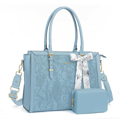 MOSISO Laptop Bag for Women, 15.6-16 inch PU Leather Tote Bag | Compatible with MacBook, HP,Dell,Asus, Front Embossed Retro Hibiscus Computer Bags with Silk Scarf&Clutch Purse, Air Blue - color: Air Blue, size: 16 inch