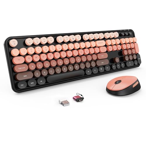 Nowlike Wireless Keyboard and Mouse Combo, Retro Typewriter Keyboard with Round Keycaps, Full-Size Ergonomic, Aurora Red, Ideal for Windows PC, Home, Office, and College - color: Aurora Red