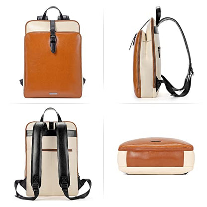 CLUCI Leather Backpack for Women, 15.6 inch Laptop Bag, Large Genuine Work Backpack Travel Back - color: 0-1 Brown With Off-white