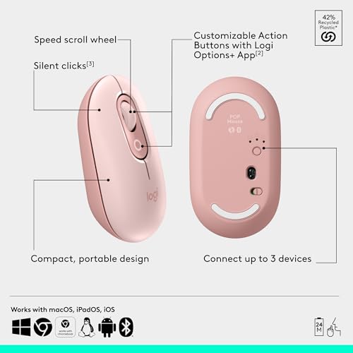 Logitech POP Mouse, Compact and Portable Wireless Bluetooth Mouse - Rose | Compact, portable, programmable buttons, easy-switch between up to 3 devices, laptop, tablet, PC - color: Rose