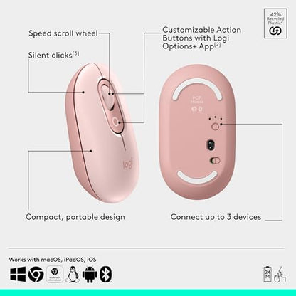 Logitech POP Mouse, Compact and Portable Wireless Bluetooth Mouse - Rose | Compact, portable, programmable buttons, easy-switch between up to 3 devices, laptop, tablet, PC - color: Rose