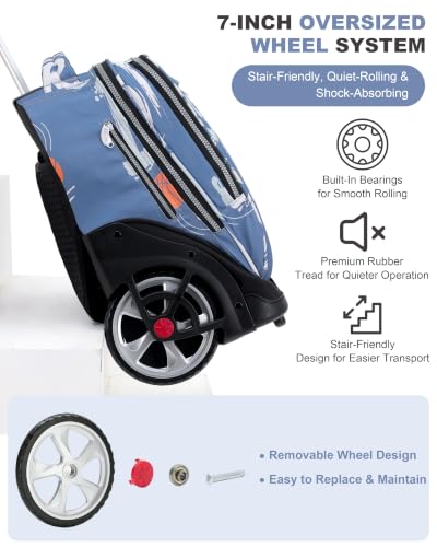 NEW TILAMI 19 Inch Rolling Backpack with Lunch Bag School Stair-Climbing | Stair-Climbing Teen Boys Girls Carry-on Suitcase Large Compartment 15.6 Laptop Sleeve Adjustable Handle Roller Travel Bag - color: Blue Basketball