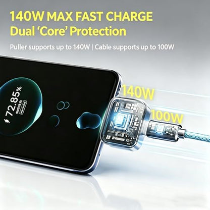Smart Auto Disconnect Charger with USB-C Cable, 140W Auto Shut Off Phone Charger, PD3.1 Passthrough, Dual-Mode, Full Charge Disconnector for Phones, Laptops and Tablets and More