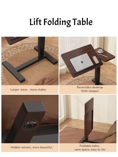 Folding Overbed Table with Wheels - Adjustable Height Rolling Bedside Laptop Desk, Tilting Tray Table for Eating, Working, Reading - Sturdy H-Shape Base, Mobile Sofa Side Table (Walnut)