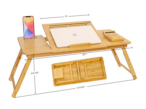 Lap Desk COIWAI Laptop Table Bamboo Writing Eating Bed Tray Adjustable Angle Height Foldable Desk Tray with Tablet Slot Drawer Breakfast Coffee Tea Table for Sofa Couch Floor Large Size - size: 28.8" *13.4" Height&Angle adjust