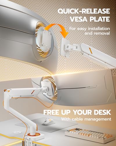 ARES WING 17-49 Inch Monitor Arm Ultrawide Single Monitor Mount, White | Heavy Duty Mechanical Spring Monitor Stand Adjustable Arms Holds up to 44lbs, 75/100 VESA Mount with Clamp/Grommet Base - color: white