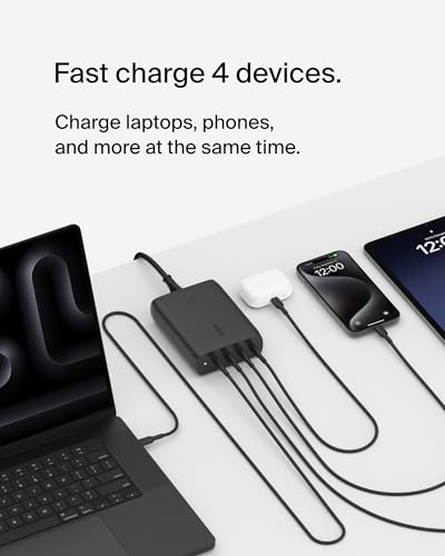 Belkin 200W 4-Port GaN USB C Charger Block, Fast Charging for MacBook | Multi-Port PD 3.1 Charger, 5ft Power Cord, iPhone 17, Air, iPad, Samsung Galaxy S26, Google Pixel 10 - color: Black
