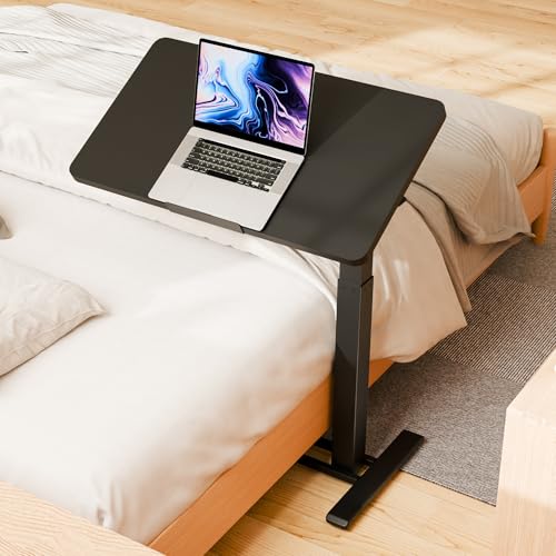 SANODESK Medical Adjustable Overbed Bedside Table with Casters 90° Tilt Top Pneumatic Mobile Rolling Laptop Computer Standing Desk Cart with Tray, Hospital and Home Use(31.5" W x 17.7" D, Black) - color: Black, size: Large