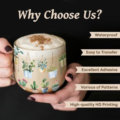 UV DTF Cup Wraps Transfer Stickers Green Plants Pattern, 10 Sheets Waterproof Custom Vinyl Transfer Sticker 16oz Coffee Glass Cup Tumbler Bottle Mug Decals for Men Women | Waterproof UV DTF Stickers, Custom Vinyl Decals for 16oz Coffee Cups Tumblers Bottl