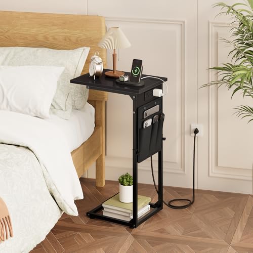 Vagusicc C-Shaped End Tables Set of 2 with Charging Station, 33'' Tall C Table Adjustable Height Side Table, Sofa Table for Couch, Couch Table that Slide Under Sofa, TV Trays for Living Room, Black - color: 2pc Black, style: With Plug