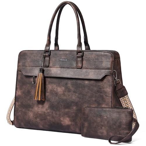 15.6 Inch Laptop Tote Bag with Clutch Purse for Women | Water-Resistant Vegan Leather Computer Briefcase with Satchel Purse,Professional Business Tote,Casual Handbag,Work Office - color: Two-toned Coffee